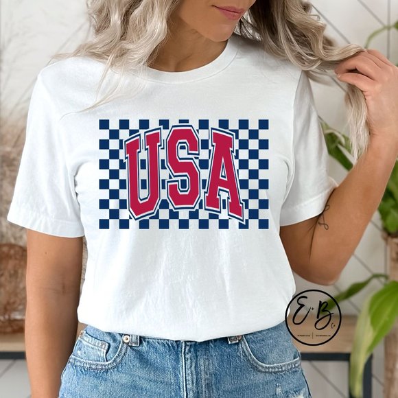 NEW Checkered USA Fourth of July Patriotic America July 4th Graphic T-Shirt Tee - Picture 2 of 4